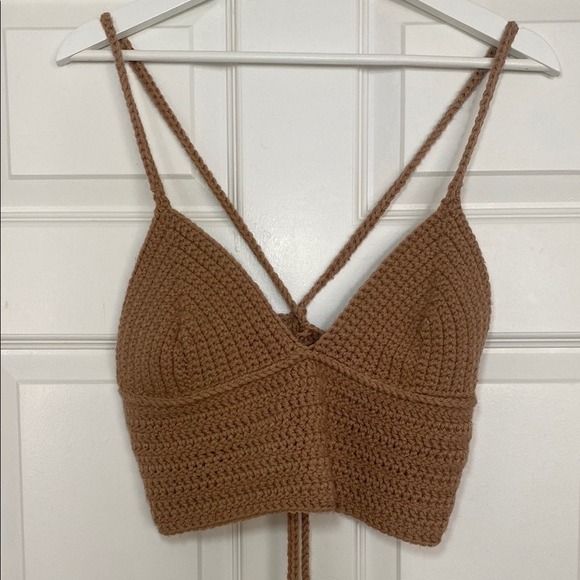 Handmade Tops - Handmade Crochet Knit Top Small Tan Brown Pink Lace Up Back Festival Boho